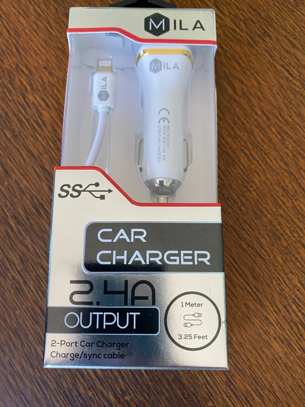 MILA 2.4A White & Gold Dual-Port Car Charger with Lightning Cable